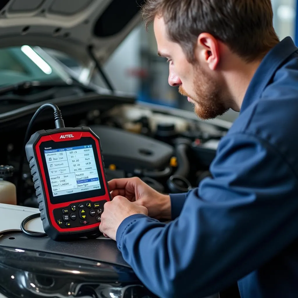 Mécanicien utilisant un scanner Autel pour diagnostiquer un problème moteur