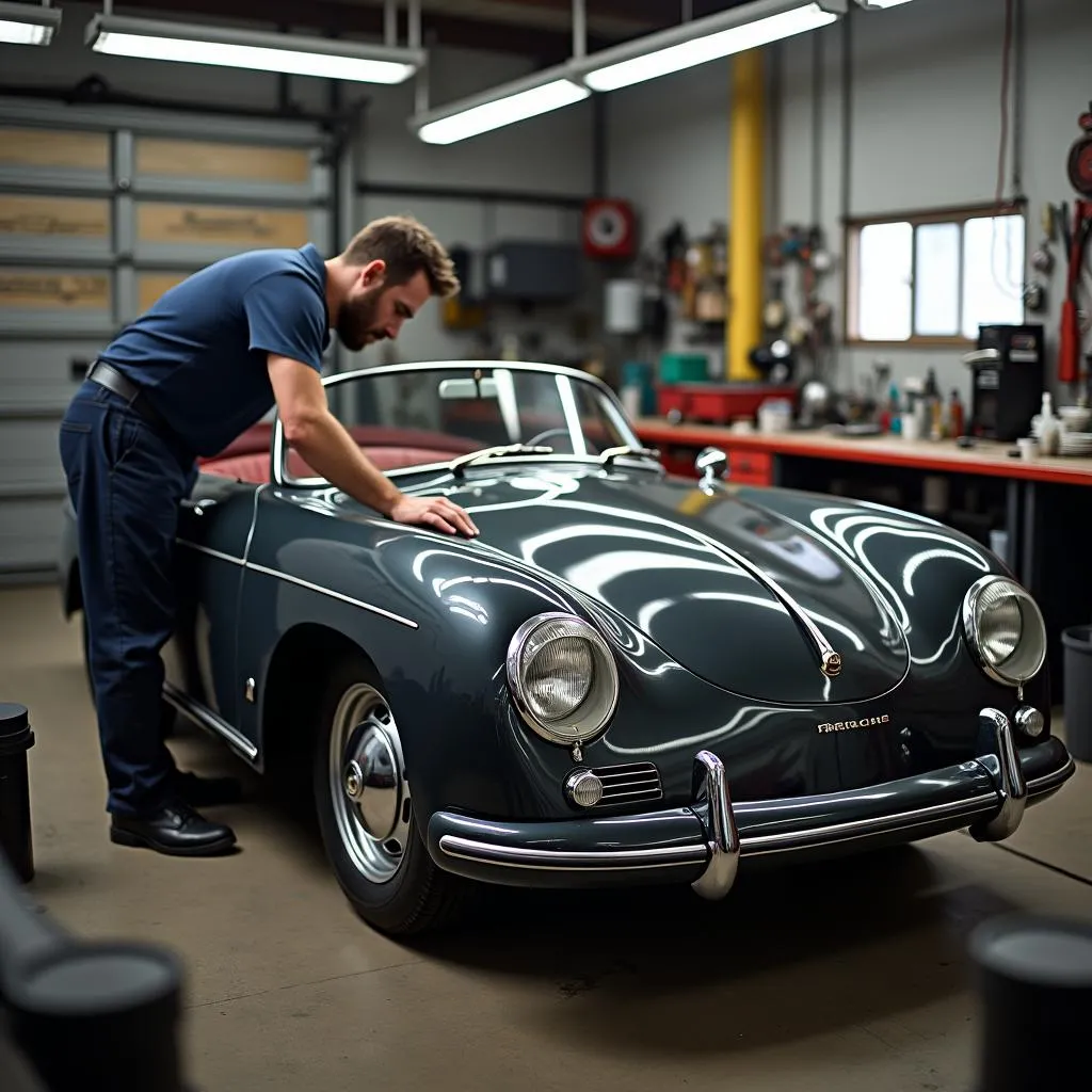 Mécanicien travaillant sur la restauration d'une Porsche classique dans un garage spécialisé