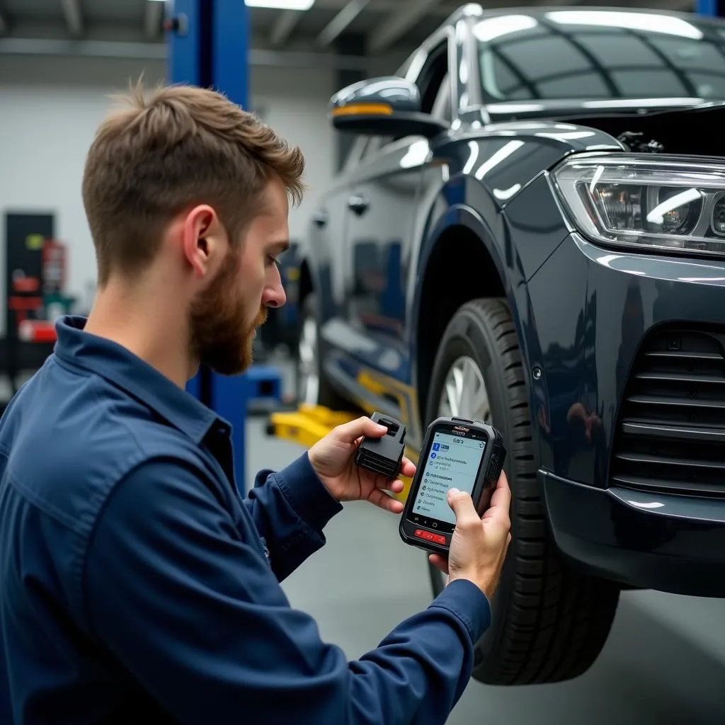 Mécanicien utilisant un lecteur de code OBD2 dans un garage