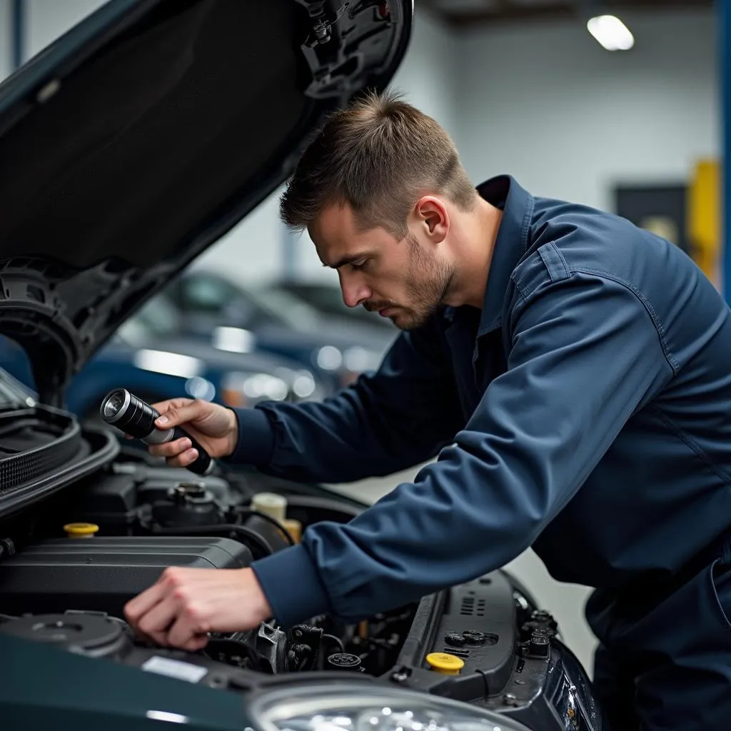 Mécanicien inspectant une voiture d'occasion