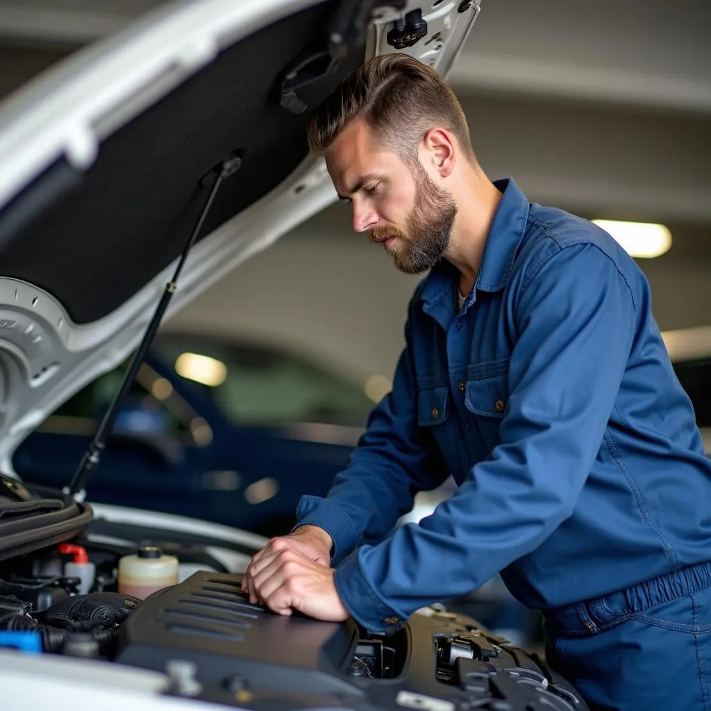 Un mécanicien inspecte une voiture d'occasion