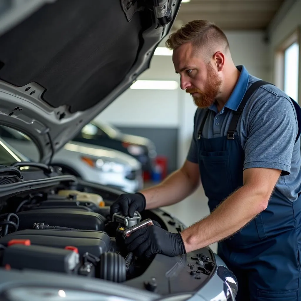 Mécanicien inspectant une voiture d'occasion à Omaha