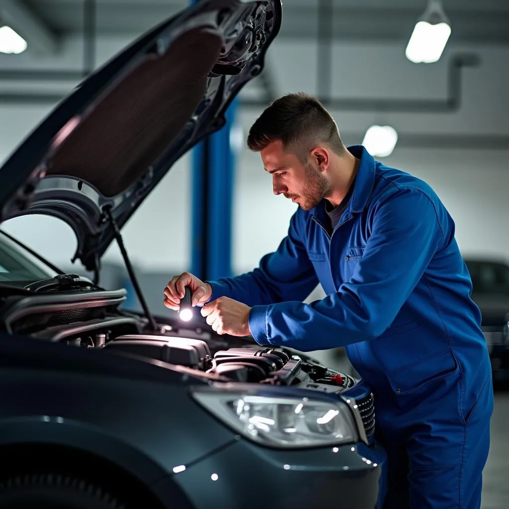 Un mécanicien inspecte le moteur d'une voiture saisie