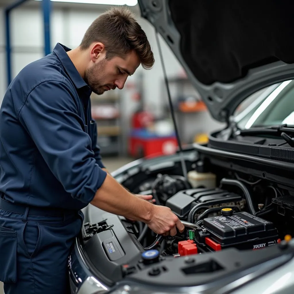 Mécanicien installant une borne de sécurité sur une batterie de voiture