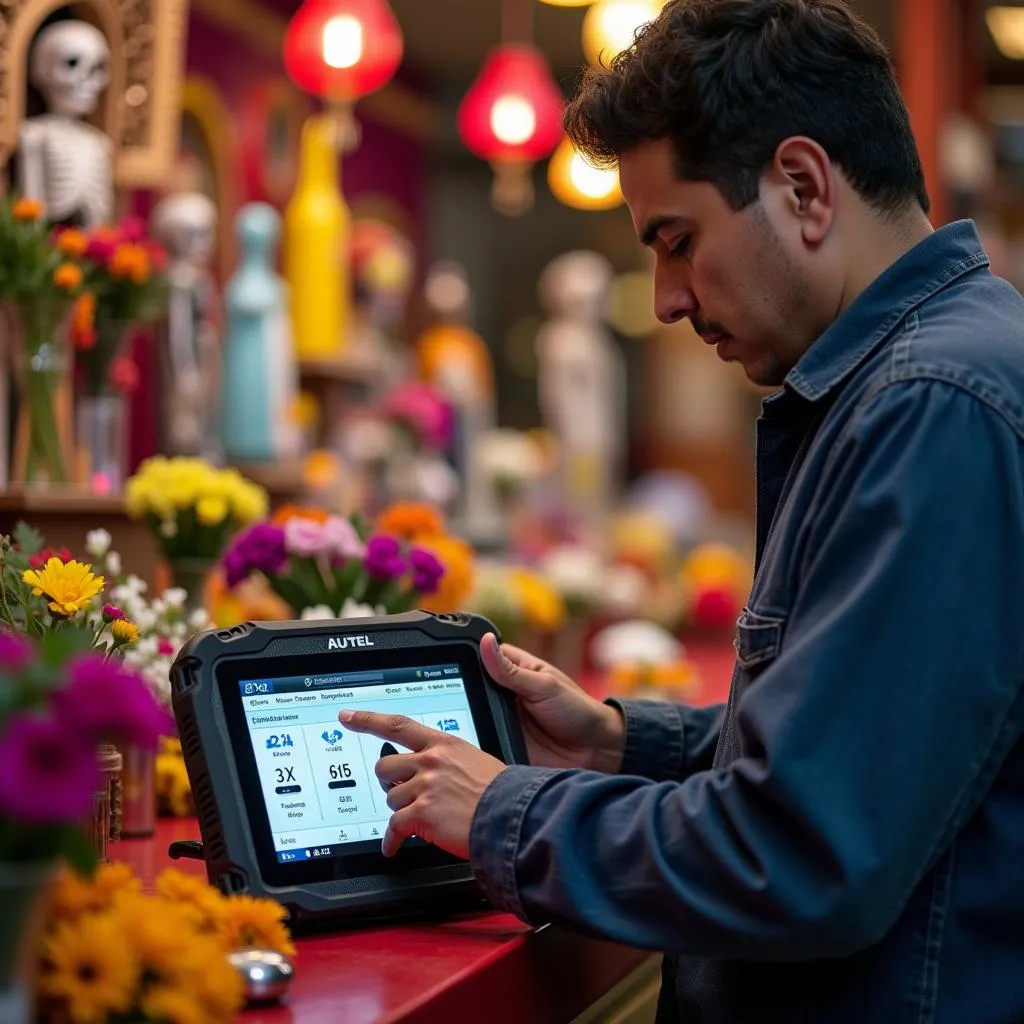 Mécanicien mexicain utilisant un outil de diagnostic Autel devant un autel fleuri