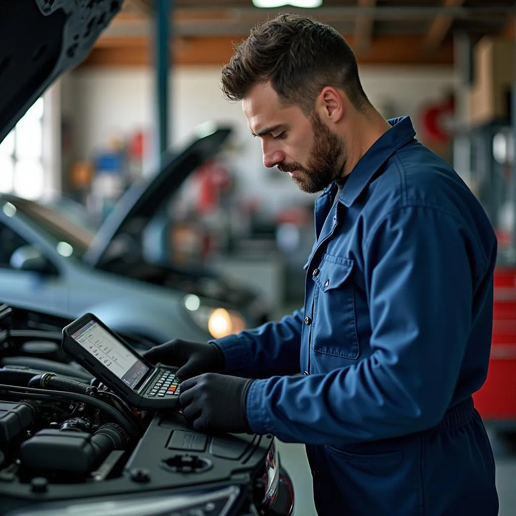 Mécanicien utilisant des outils de diagnostique modernes dans un garage