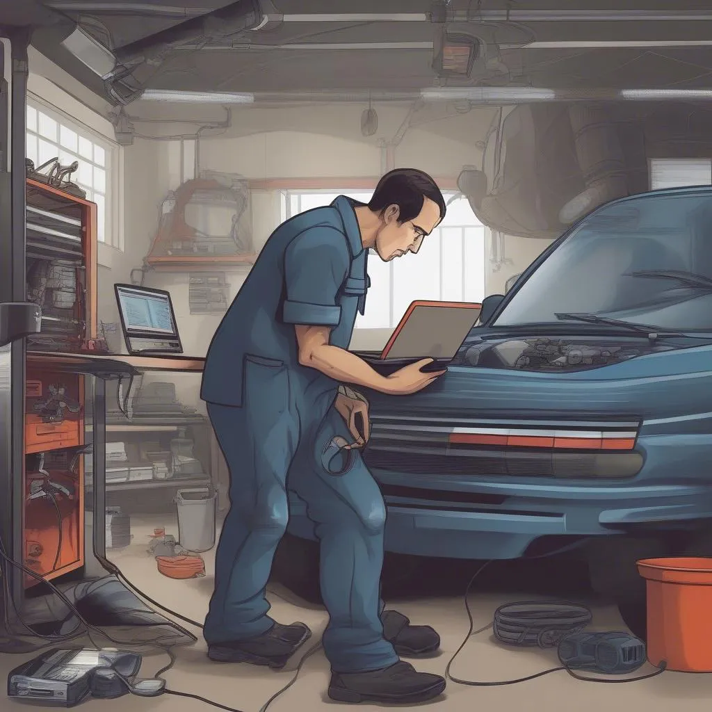 Mécanicien utilisant un ordinateur portable pour diagnostiquer un problème de voiture dans un garage