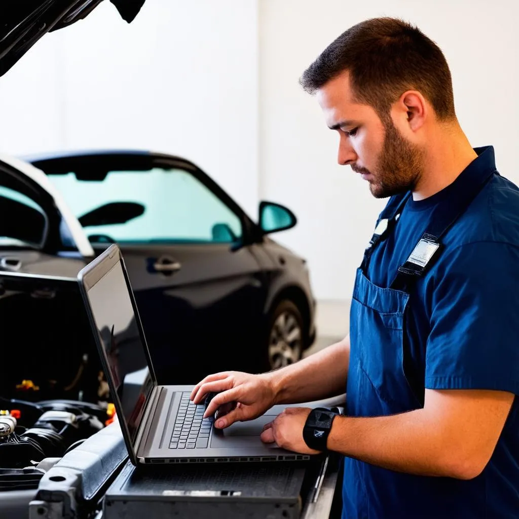 Mécanicien utilisant un ordinateur portable pour diagnostiquer une voiture