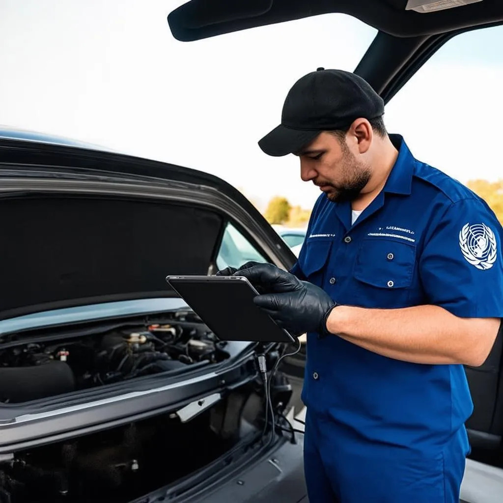 Mécanicien utilisant un outil de diagnostic