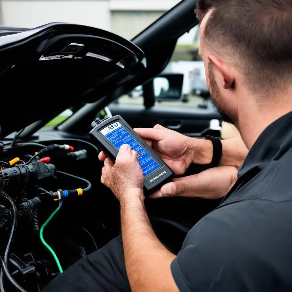 Mécanicien utilisant un outil de diagnostic