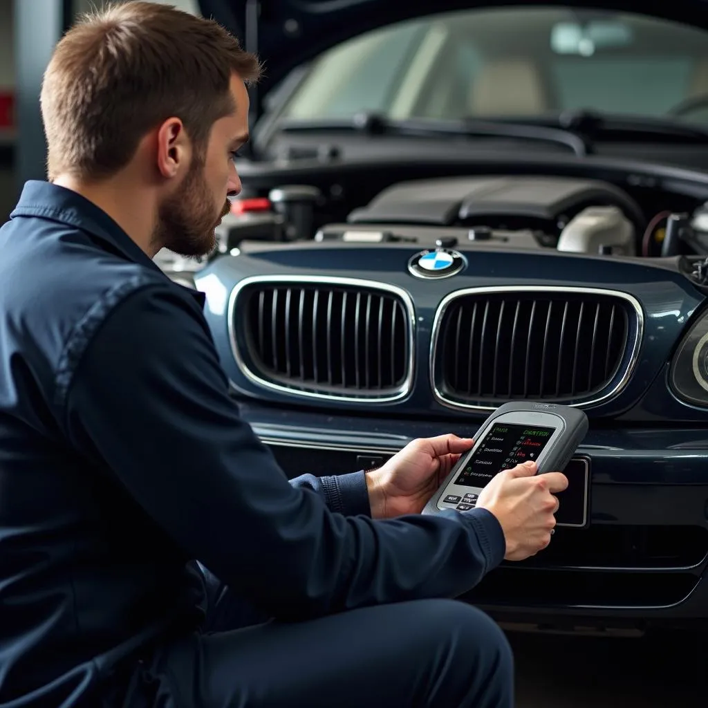 Mécanicien réparant une BMW avec un scanner diagnostique