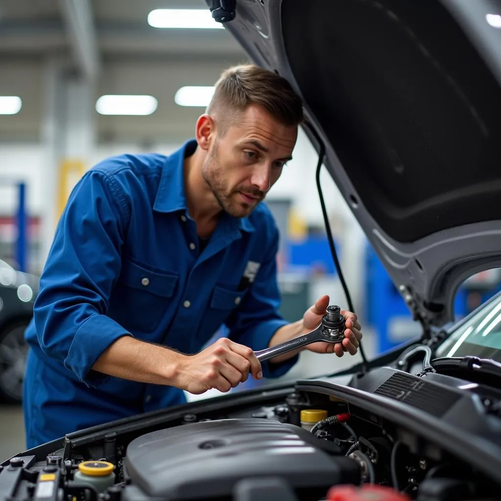 Mécanicien réparant le moteur d'une voiture