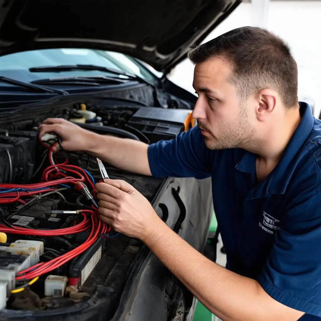 Mécanicien réparant système électrique voiture