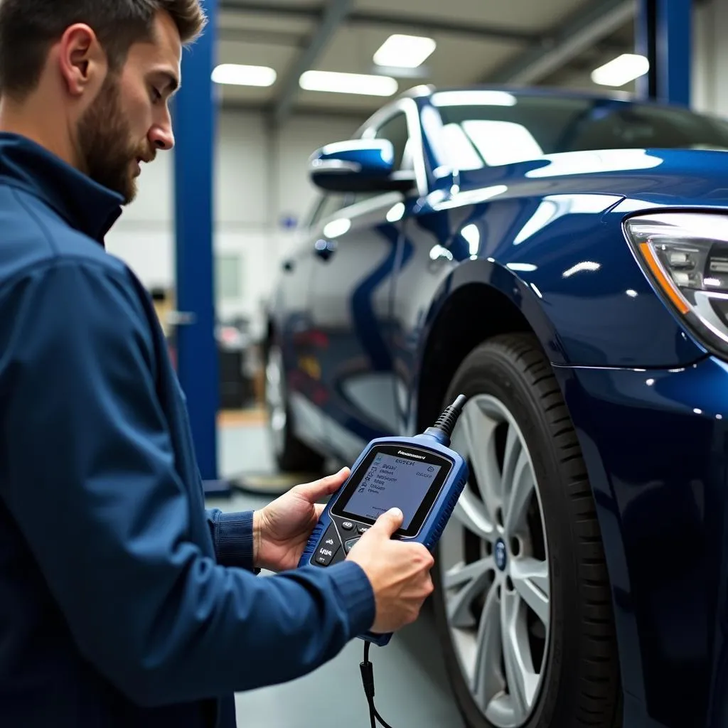 Mécanicien utilisant un scanner automobile dans un garage à Paris