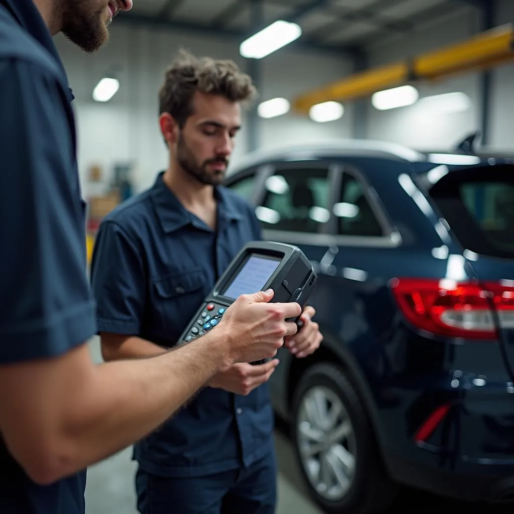 Mécanicien utilisant un scanner OBD 2015 dans un garage