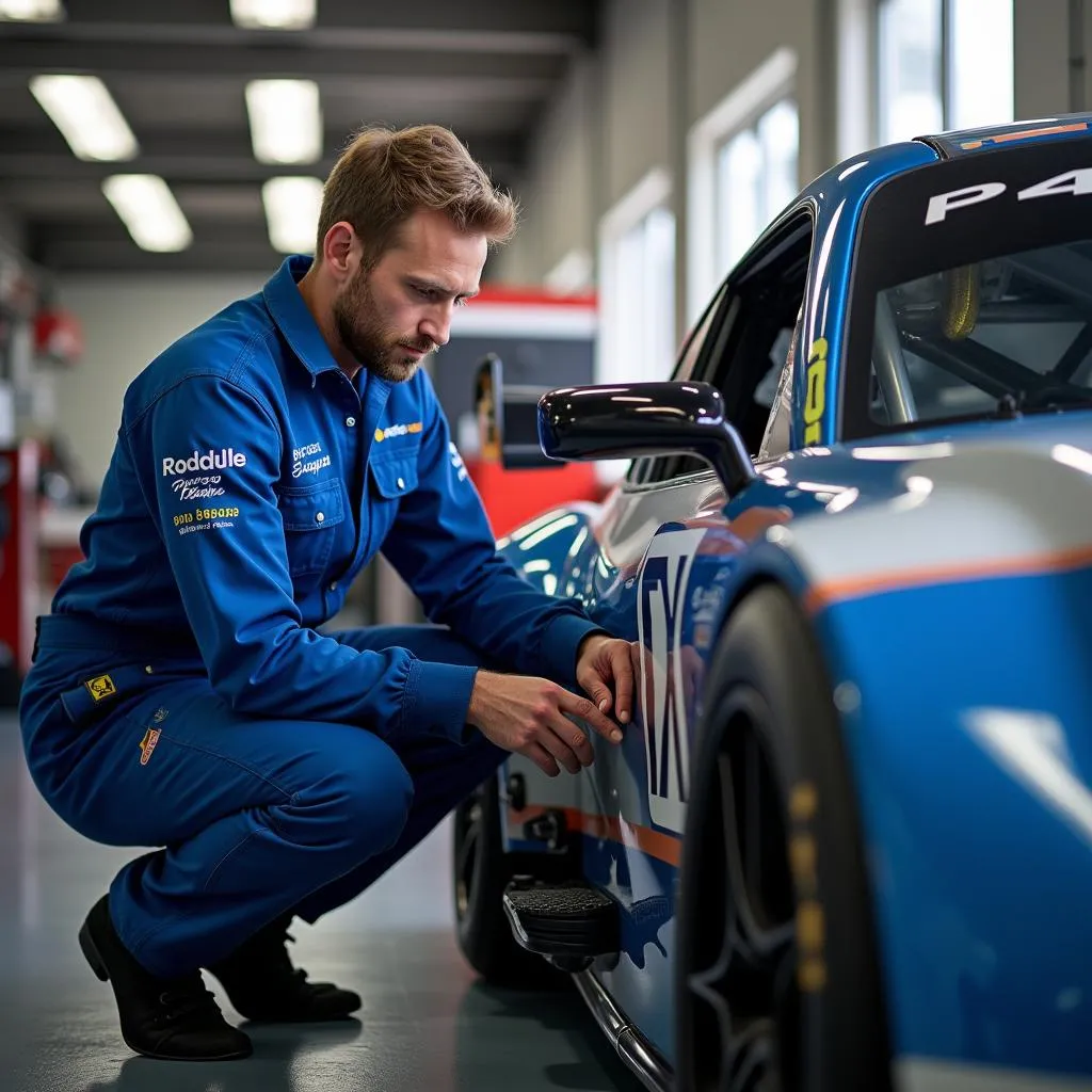 Un mécanicien en combinaison bleue effectuant des vérifications et des réparations sur le moteur d'une voiture de course dans un garage.