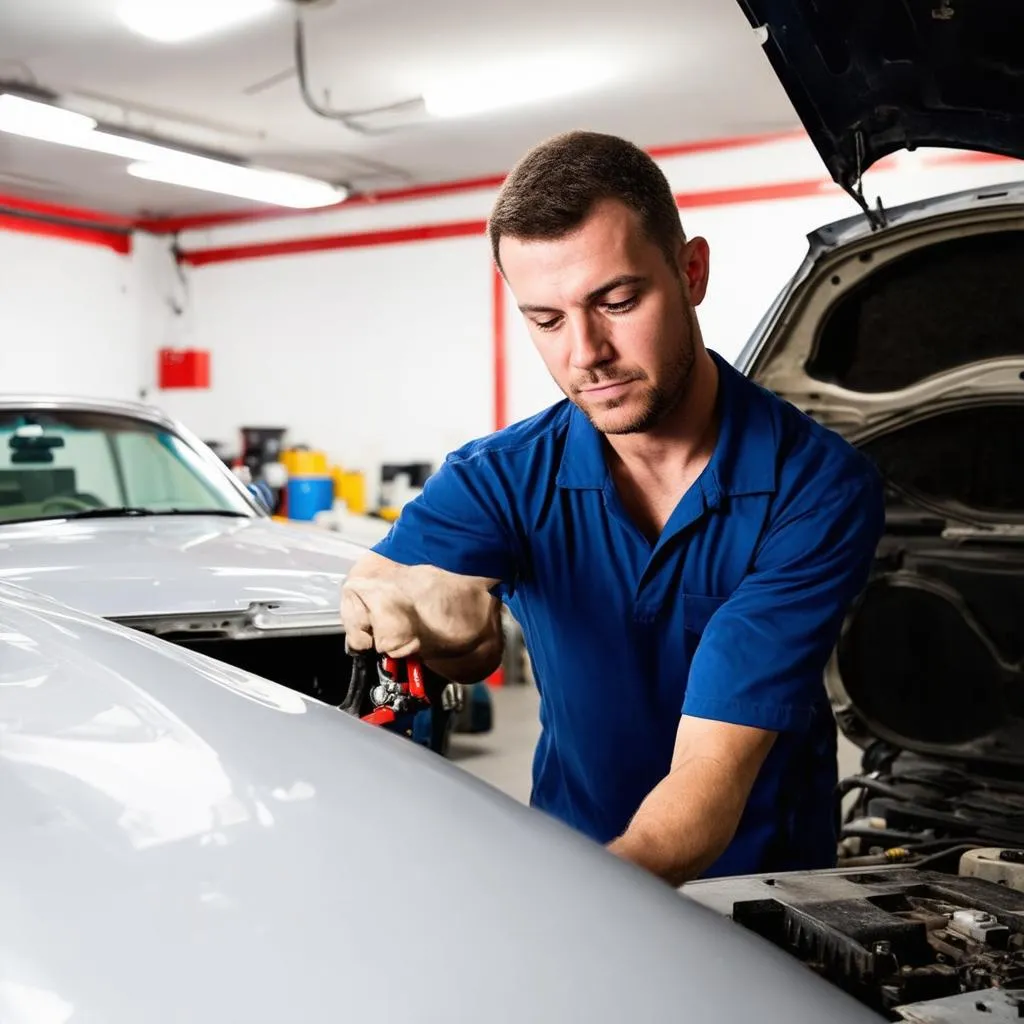 Mécanicien travaillant sur une voiture dans un garage