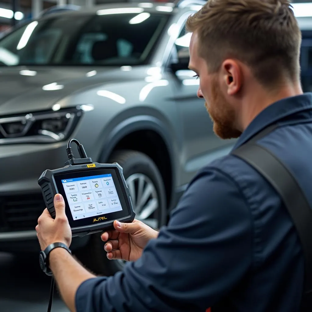 Mécanicien utilisant Autel Kagurazaka pour diagnostiquer une voiture