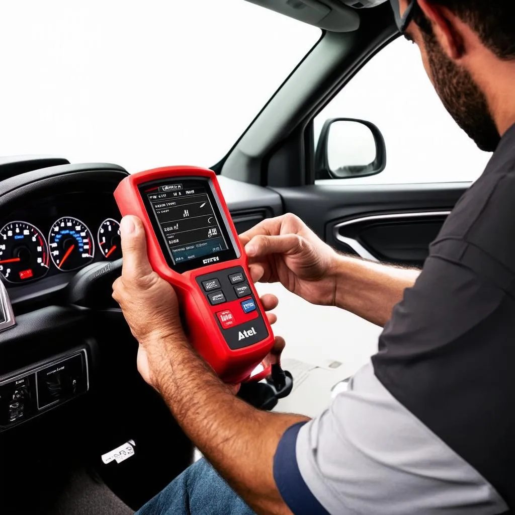 Mécanicien utilisant l'Autel Maxi AP200 pour diagnostiquer un Dodge Ram 1500