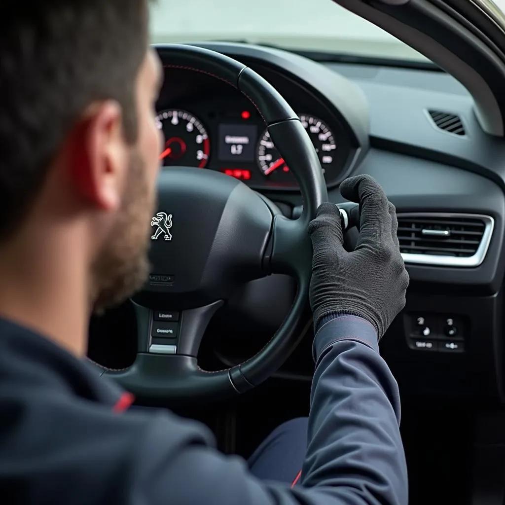 Mécanicien utilisant Autel MaxiSys sur Peugeot 308