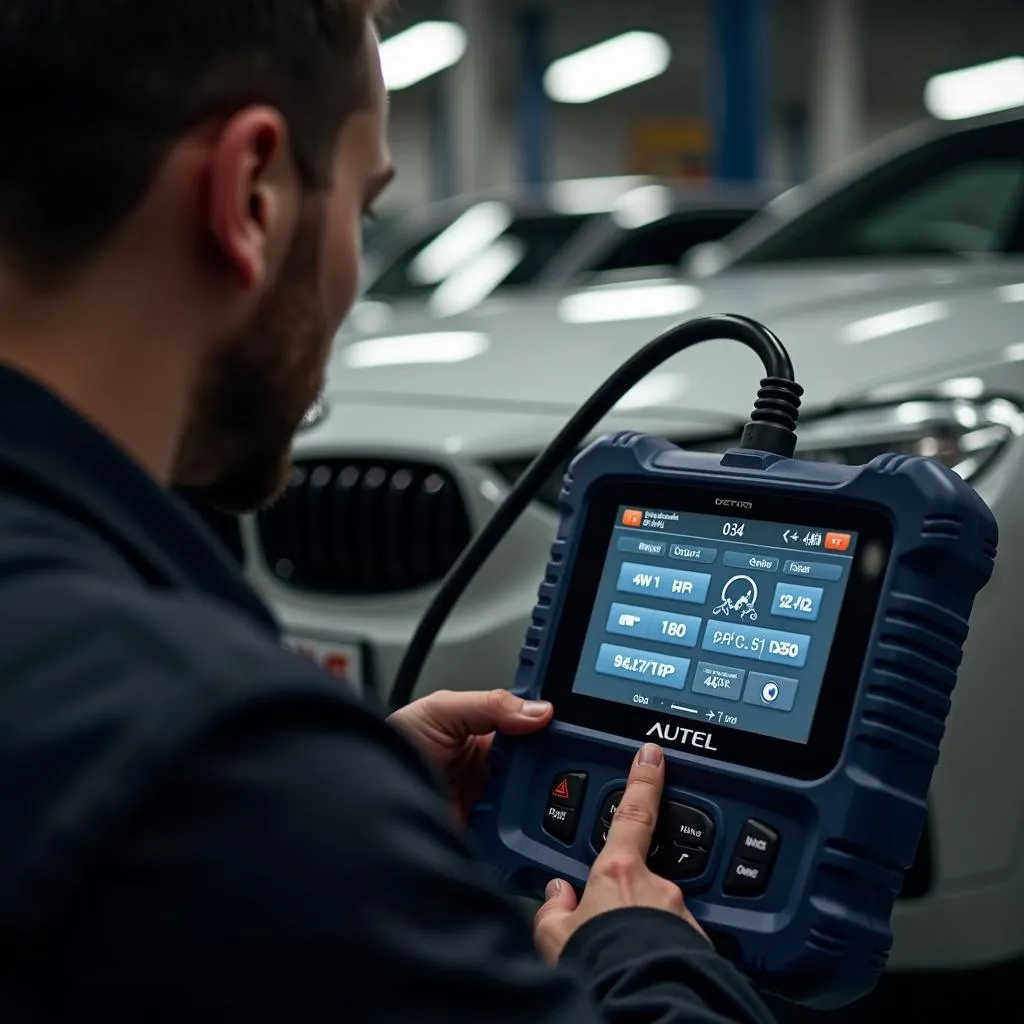 Mécanicien utilisant un Autel pour diagnostiquer une voiture