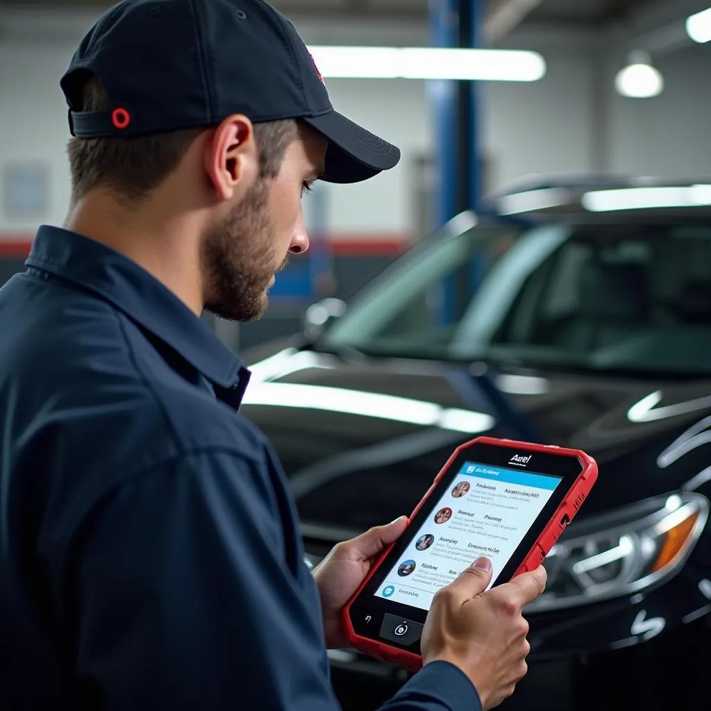 Un mécanicien utilisant un outil de diagnostic Autel sur une voiture dans un garage