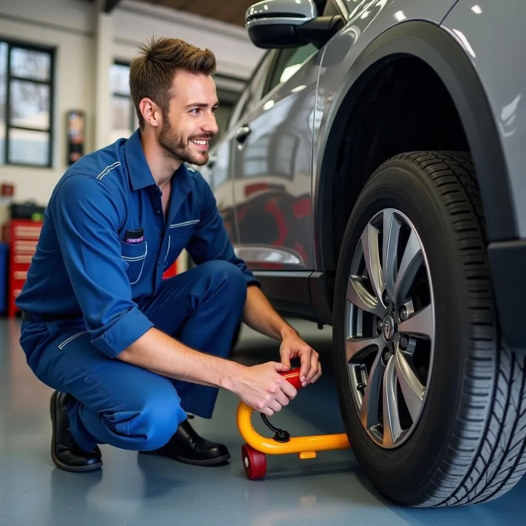 Mécanicien utilisant un chariot porte-roues dans un garage