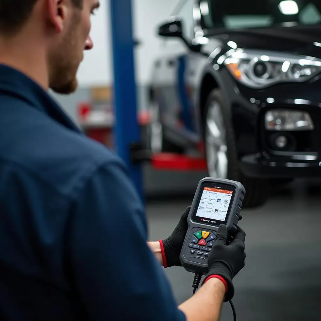 Mécanicien utilisant un lecteur OBD-II dans un garage