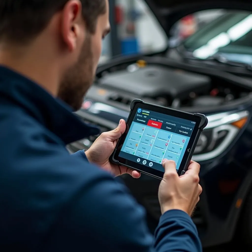 Mécanicien utilisant un logiciel OBD Android dans un atelier