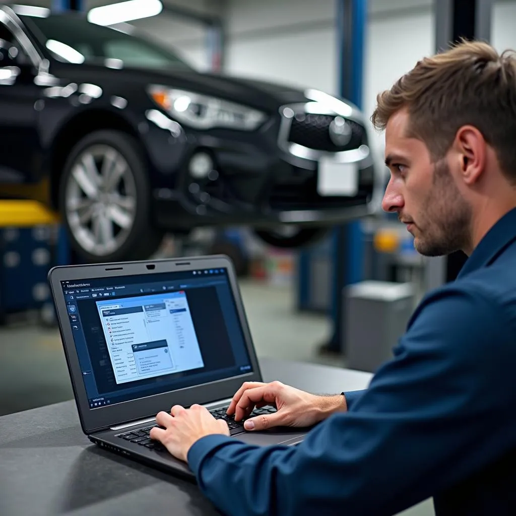 Mécanicien utilisant un ordinateur portable pour diagnostiquer un problème de voiture