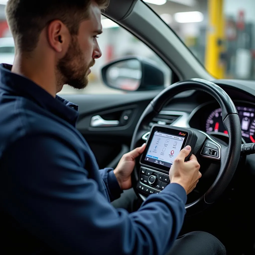 Mécanicien utilisant un outil de diagnostic Autel sur une Audi A4