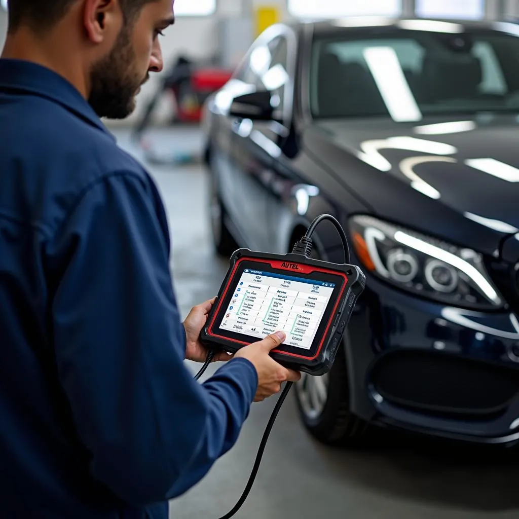 Mécanicien utilisant un outil de diagnostic Autel sur une Mercedes