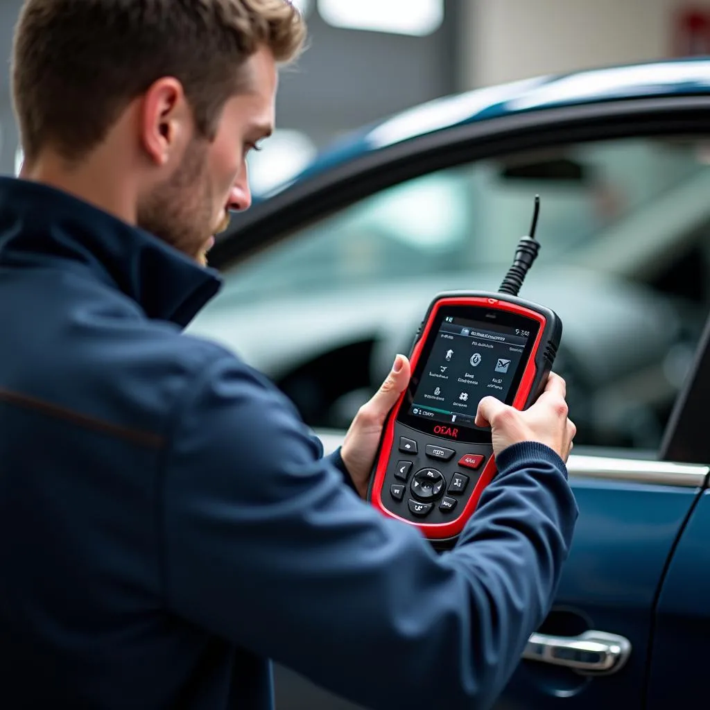 Mécanicien utilisant un outil de diagnostic Autel sur une Renault Mégane