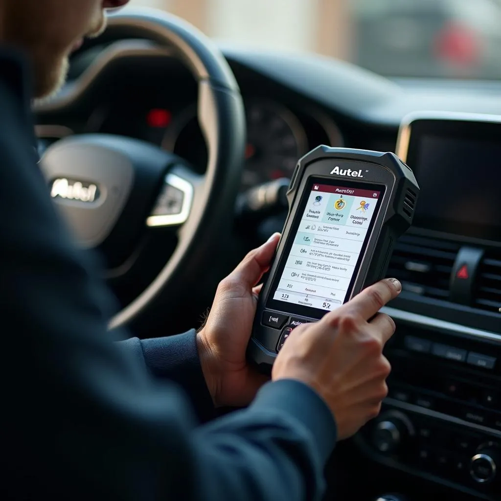 Mécanicien utilisant l'outil de diagnostic Autel sur une voiture italienne