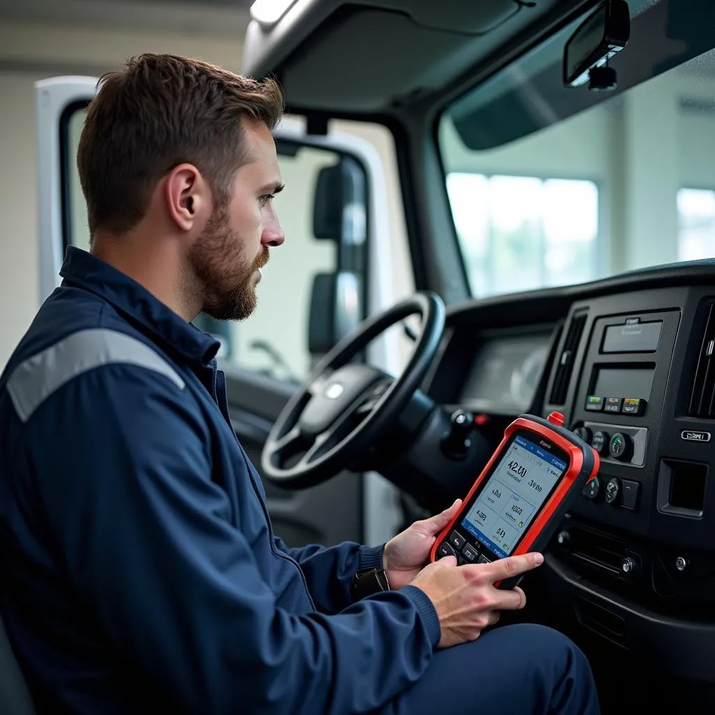 Mécanicien utilisant un outil de diagnostic sur un camion Eurocargo