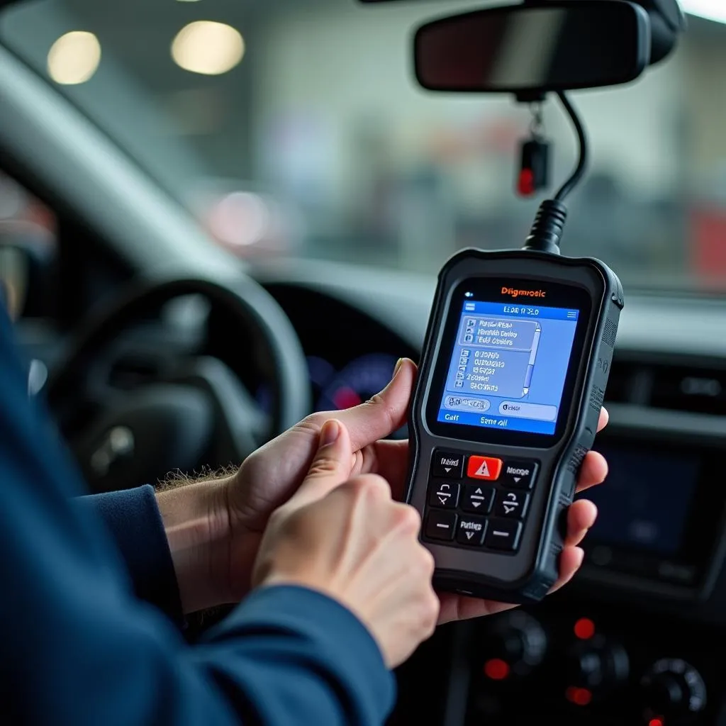 Un mécanicien utilisant un outil de diagnostic sur une voiture pour lire les codes EMS