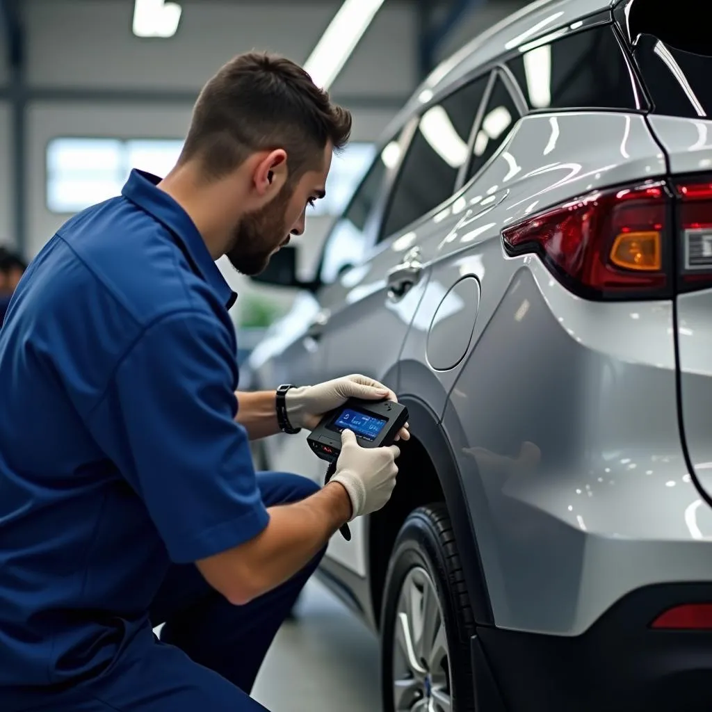 Mécanicien utilisant un outil de diagnostic sur une voiture moderne