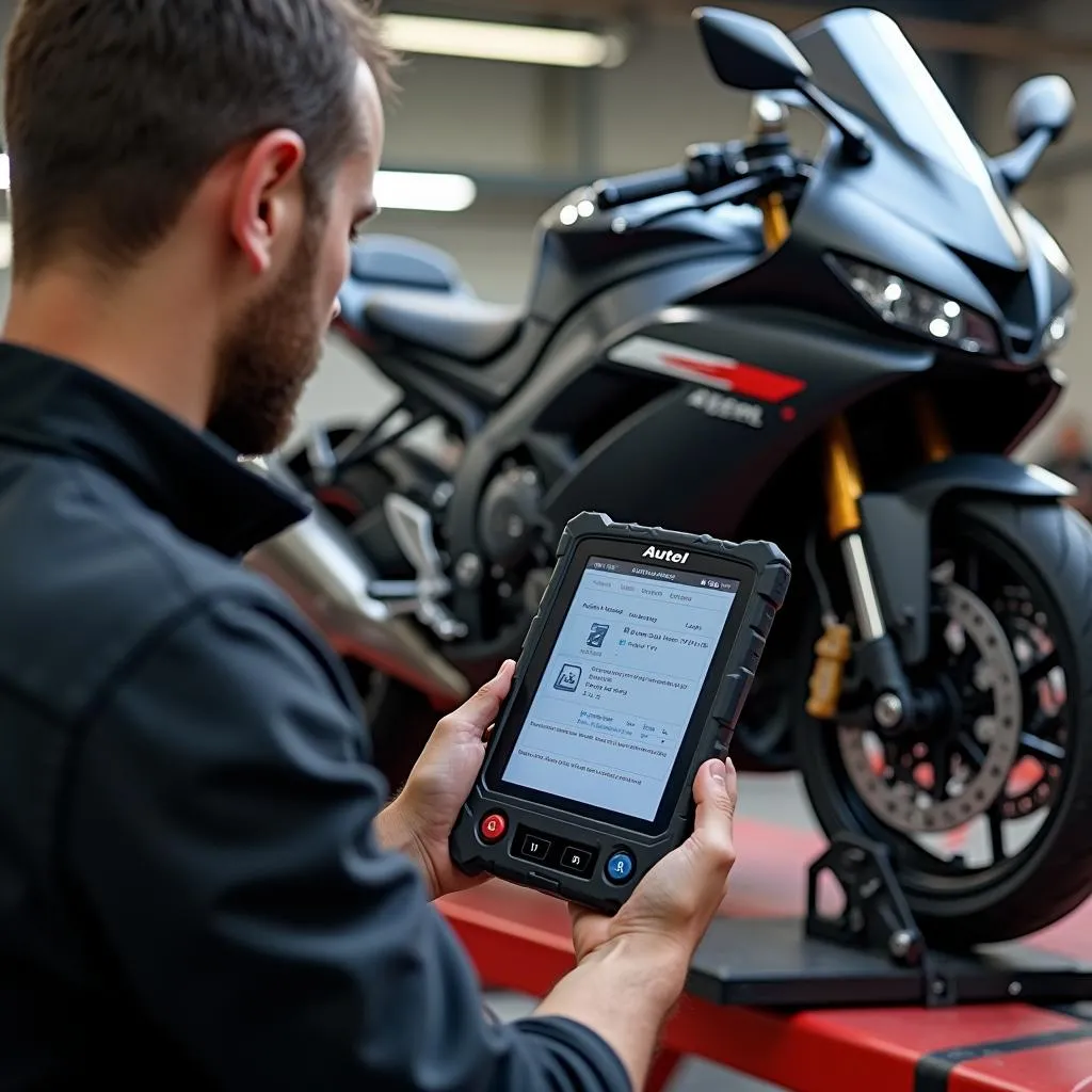 Mécanicien utilisant un outil de diagnostic Autel sur une moto pour identifier un problème