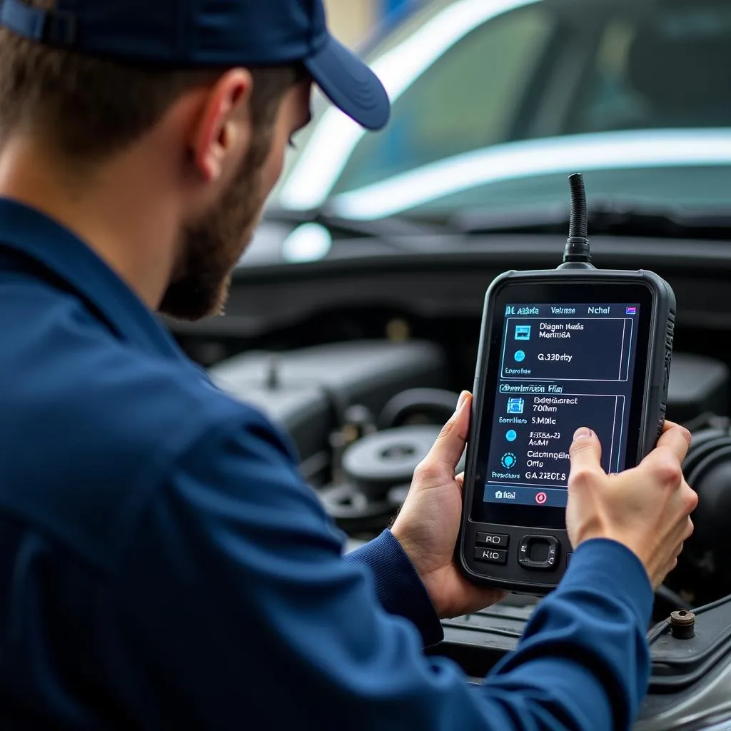 Mécanicien utilisant un scanner Autel dans un garage en Martinique