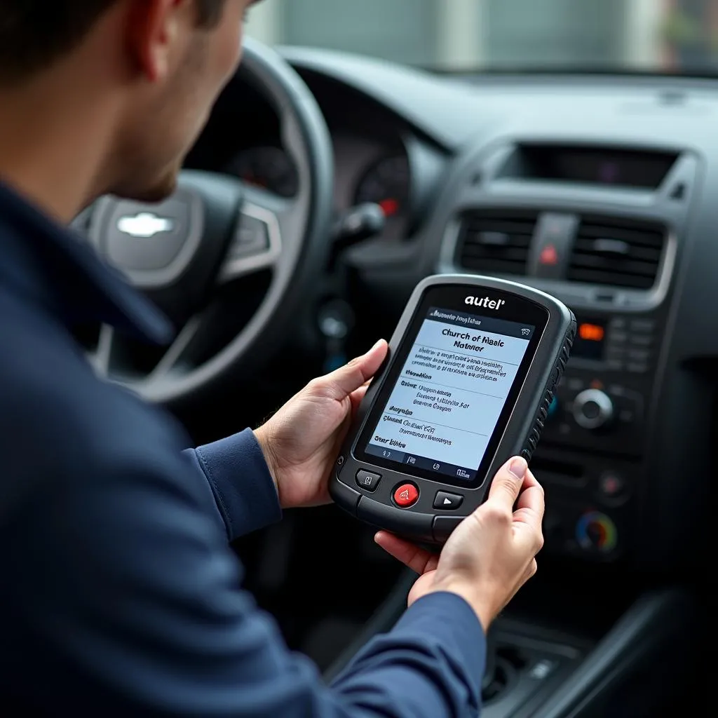 Un mécanicien utilisant un scanner Autel pour diagnostiquer une voiture avec le code d'erreur &quot;Church of Rhalic Autel&quot;