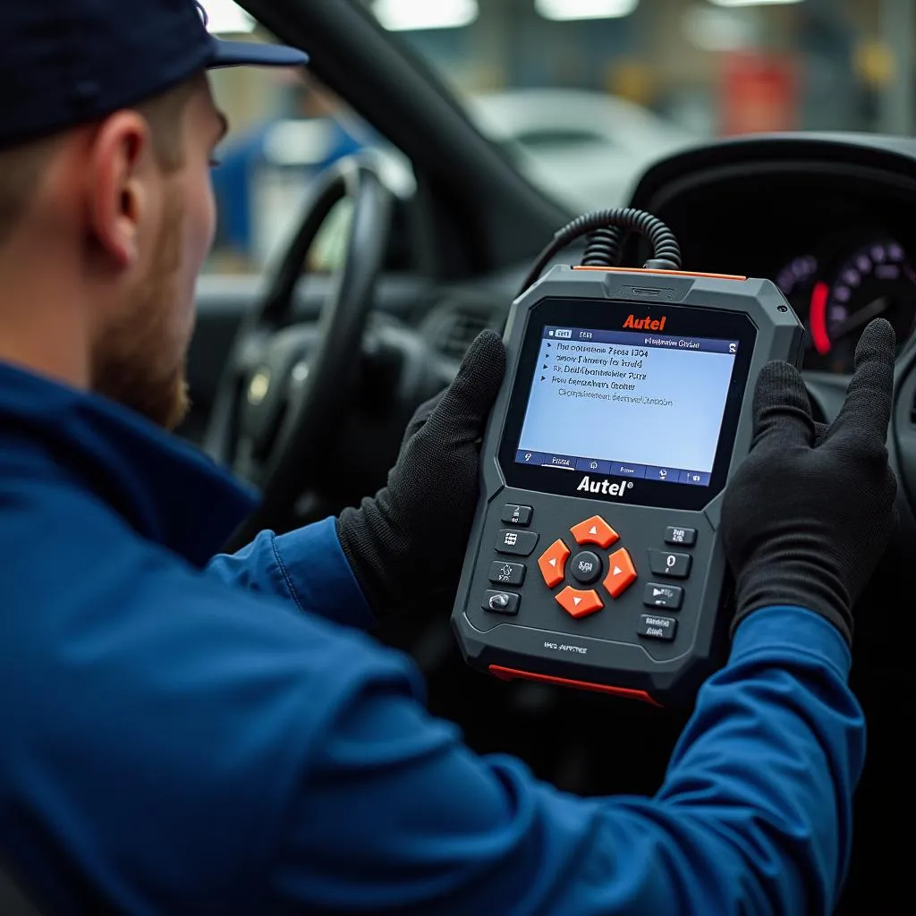 Mécanicien utilisant un scanner Autel sur une voiture japonaise