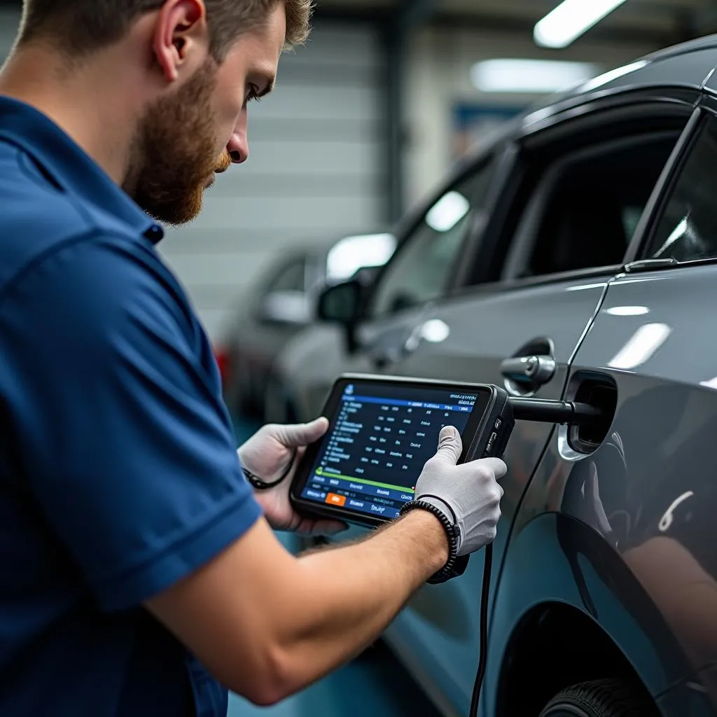 Mécanicien utilisant un scanner automobile dans un garage