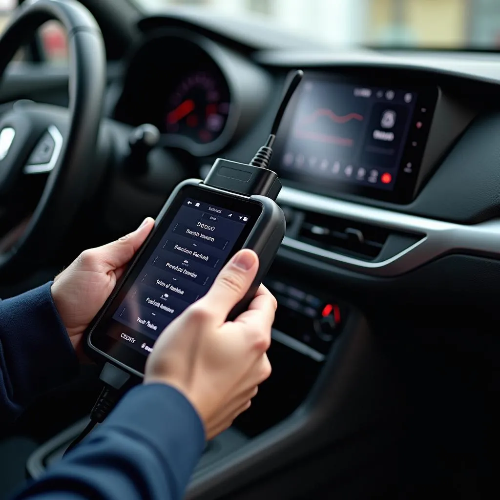 Mécanicien utilisant un scanner de diagnostic sur une voiture moderne