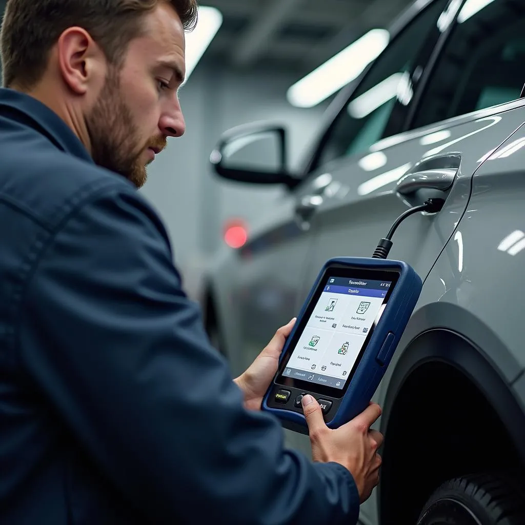 Mécanicien Utilisant Scanner Diagnostic Voiture Européenne