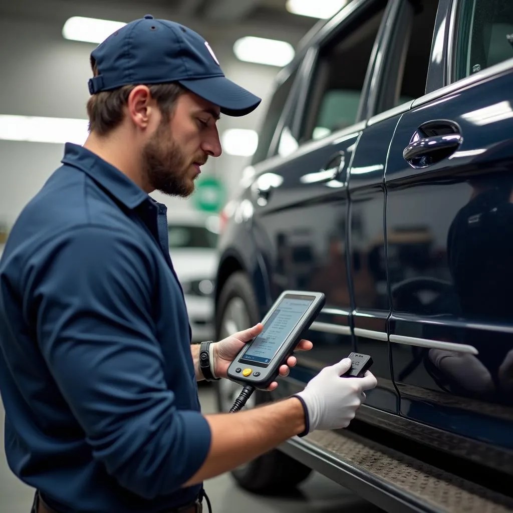 Mécanicien utilisant un scanner OBD sur une Mercedes W204