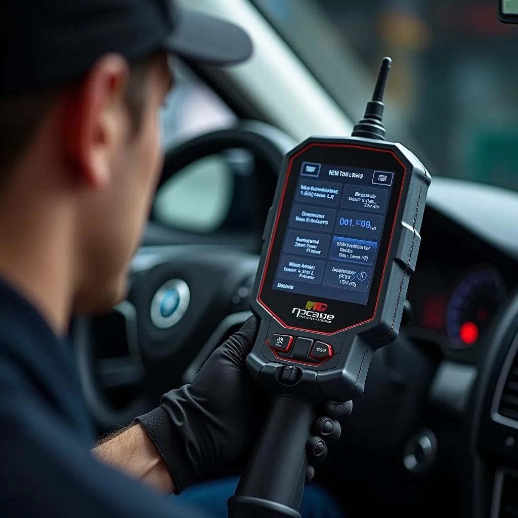 Mécanicien utilisant un scanner pour réparer une voiture