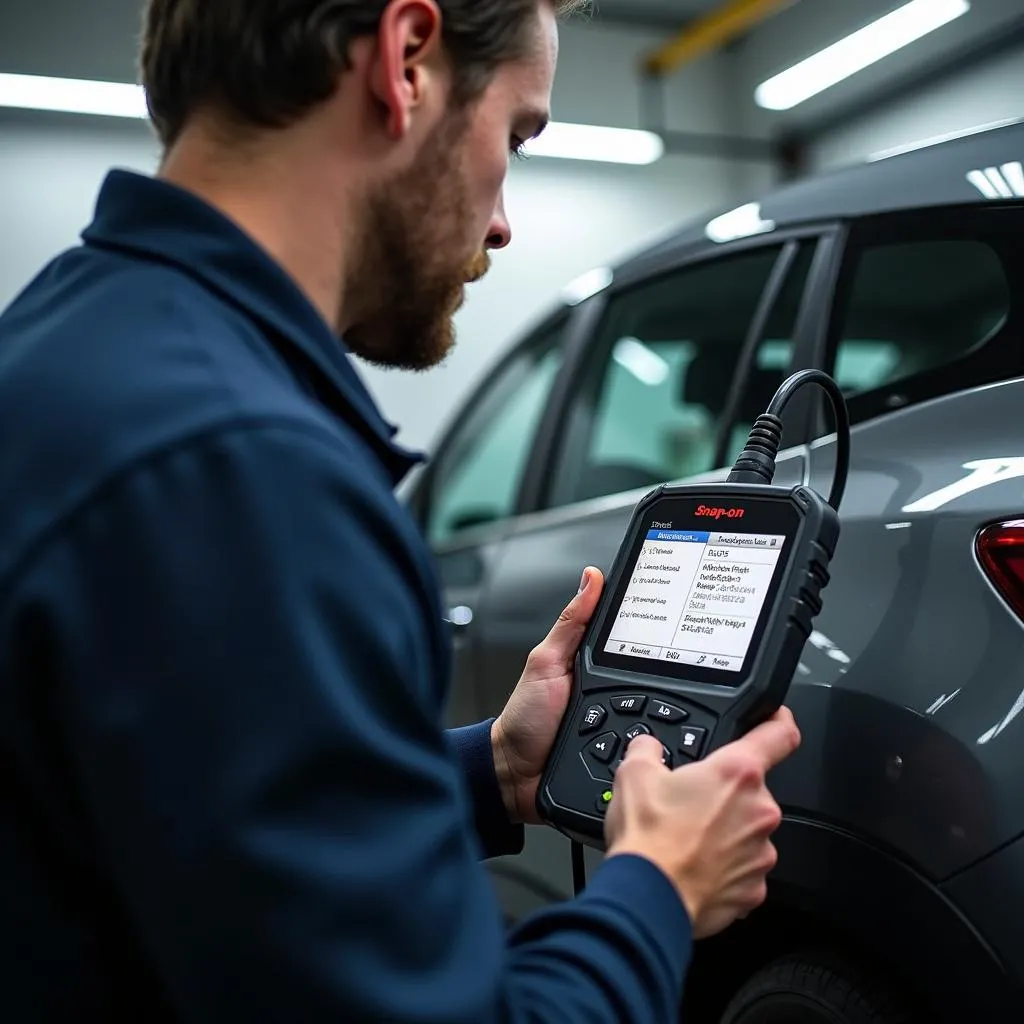 Mécanicien utilisant un scanner Snap-On sur une voiture Renault