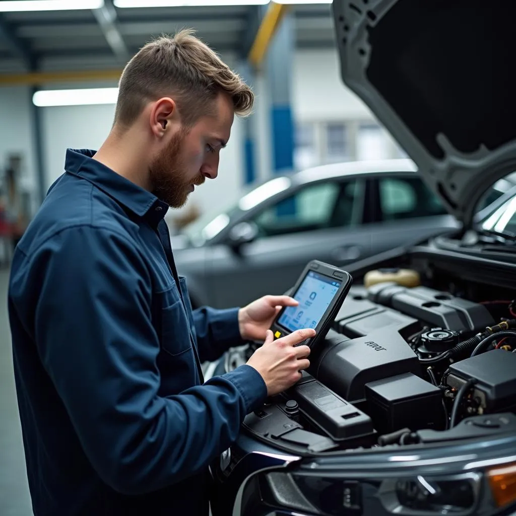 Mécanicien utilisant une tablette pour diagnostiquer une voiture