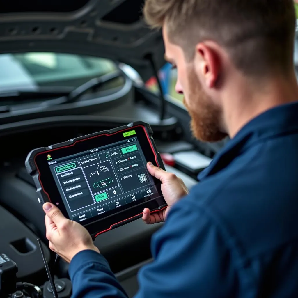 Mécanicien utilisant une tablette numérique pour diagnostiquer une voiture