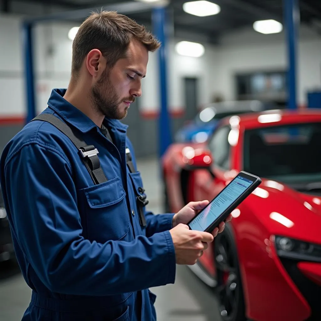 Un mécanicien utilisant une tablette pour diagnostiquer une voiture dans un garage